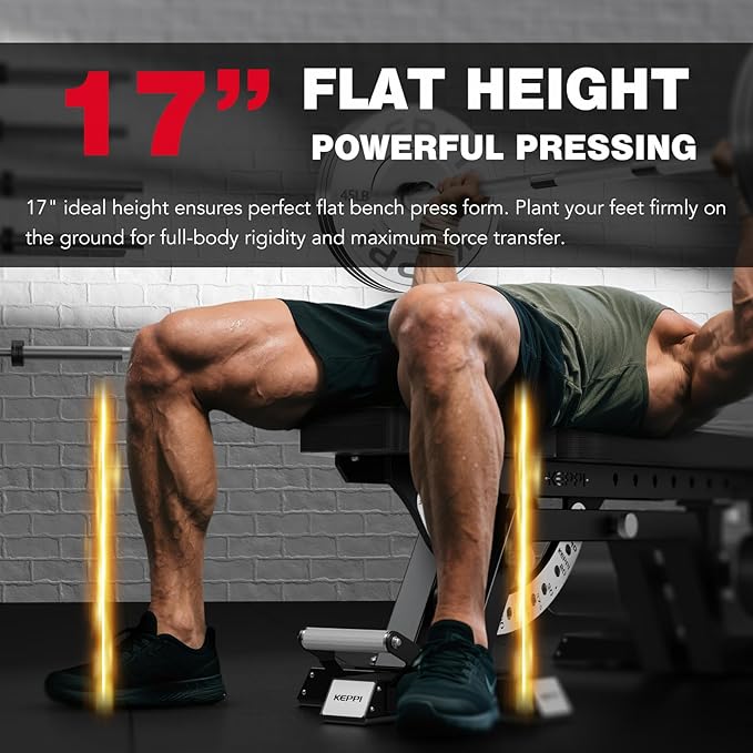 KeppiFitness Weight Bench - 1500LBS Capacity Workout Bench, 17” Bench Press Height, 11+8 Adjustable Weight Bench with Flat/Incline/Decline Angle and Vertical Storage - Bench6000 Series