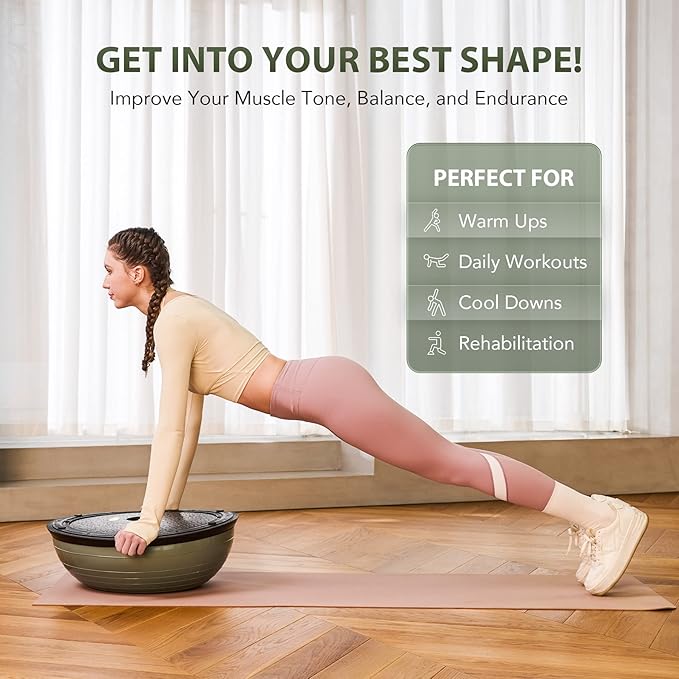 ZELUS Balance Ball Trainer with Resistance Bands and Foot Pump, Inflatable Yoga Ball for Home Gym Workouts, 23 Inch Exercise Half Ball for Balance Training Core Strength Fitness More, 330lb Cap