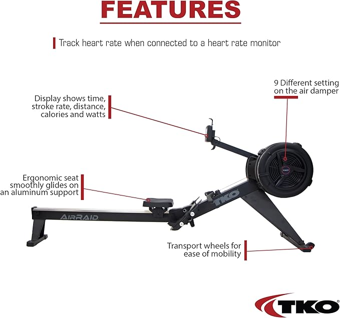 TKO AirRaid Rower | Air Resistance Rowing Machine for Home & Commercial Use | Foldable Air Rowing Machine with 9 Damper Levels, LCD Console, Smooth Glide Rower Machine