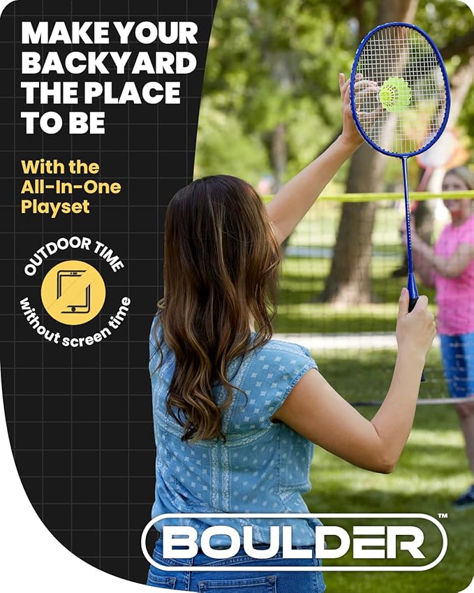 Boulder Sports All-in-One Pickleball & Badminton Set - Portable, Adjustable Net with Paddles & Rackets