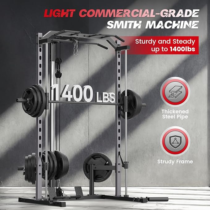 Smith Machine with LAT-Pull Down, Multi-Functional Smith Machine, Power Cage with Cable Crossover, Squat Rack with Landmine, Barbell Bar, Plate Storage Pegs and More Training Attachment