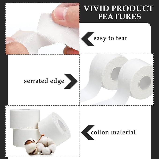 Hoolerry 12 Rolls 130 Yard Athletic Sports Tape Pre Wrap Very Strong Easy Tear No Sticky Residue Tape for Fingers Ankles Wrist Injury Wrap, Football Baseball Hockey Soccer(1.5 in,White)