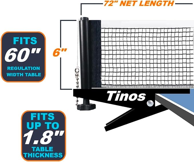 TINOS Professional Ping Pong Net fits 1” Max. Table Thickness | Tension and Height Adjustment | Spring Clamp Table Tennis net & Post Set