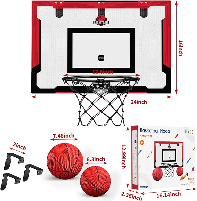 24" x 16" Large Basketball Hoop Indoor for Adults, Over The Door Basketball Hoop with Sturdy Backboard, Big Basketball Toys Gifts Ideas for Man Kids Teens Boys Girls, Red