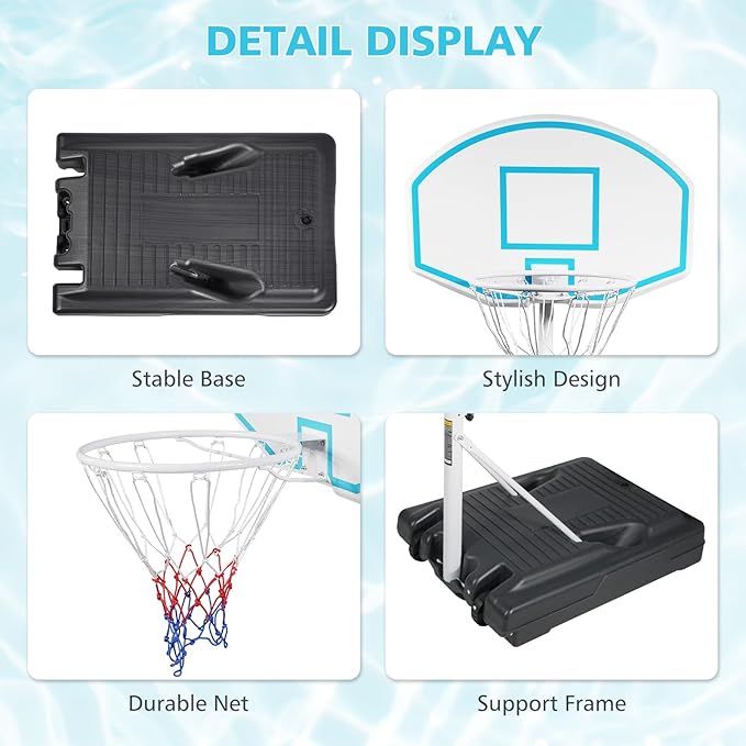 Pool Basketball Hoop, Adjustable Poolside Basketball Hoop with Wheels, Outdoor Height Adjustable Swimming Pool Basketball Goal Set, Perfect for Swimming Pool & Home Play