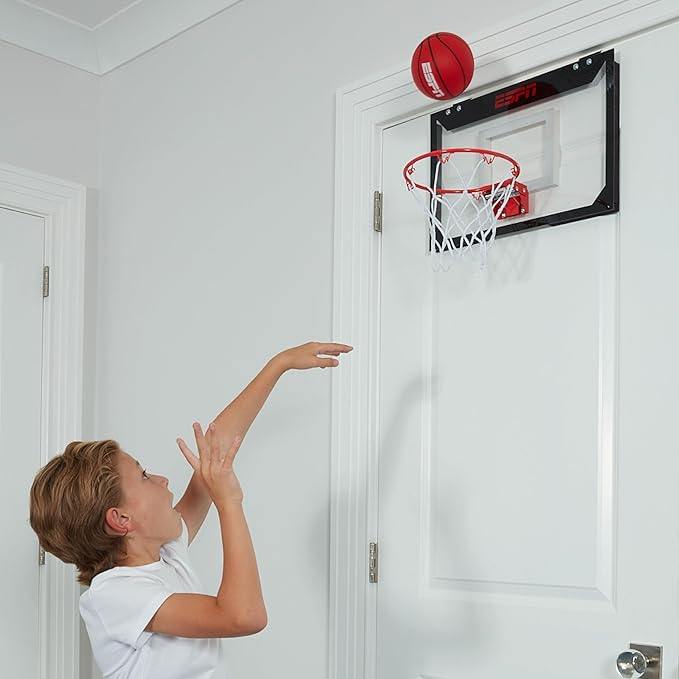 ESPN Mini Basketball Hoop, Over The Door Basketball Hoop with Foldable Breakaway Rim, Includes 2 Mini Basketballs and Pump