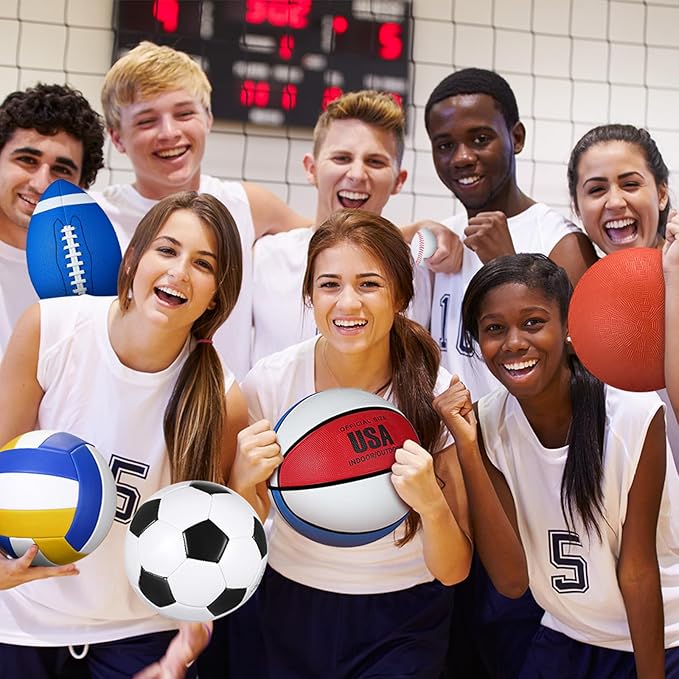 Libima 6 Pcs Multi Sport Ball Set Official Size Football, Basketball, Soccer, Volleyball, Playground Ball, Baseball with Sports Equipment Bag Pump for Teen Adult Back to School