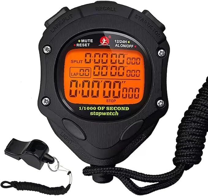 Stopwatch Timer, Digital Stop Watch with 0.01second & 0.001second Timing, Metal 10/100/400 Laps Memory, Rolilink Large dispaly Alarm Clock for Coach Sports Running Marathon