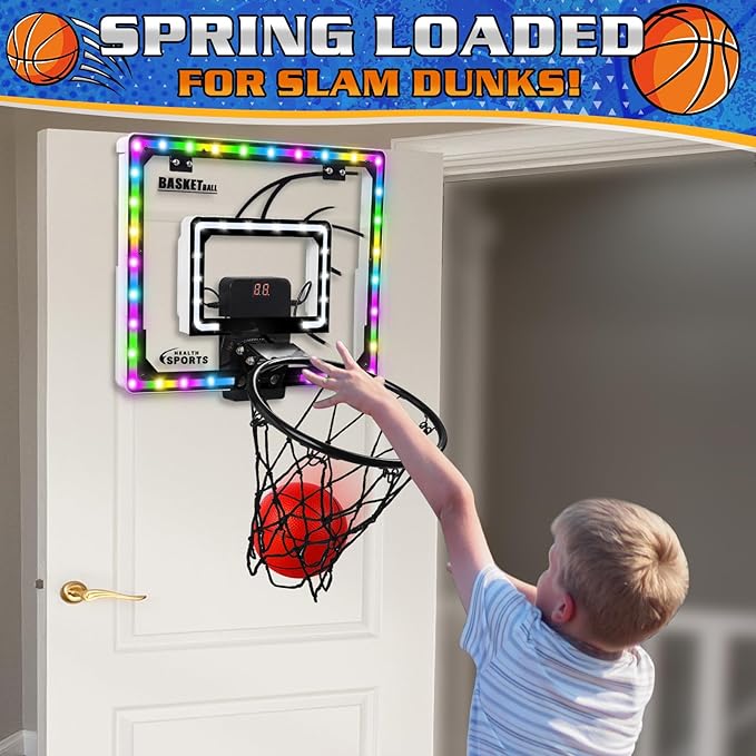 Mini Basketball Hoop Indoor with Scorer and Batteries, Indoor Basketball Hoop Over The Door with Colorful LED Lighting, Toy Basketball Set for Boys Girls Age 3 4 5 6 7 8