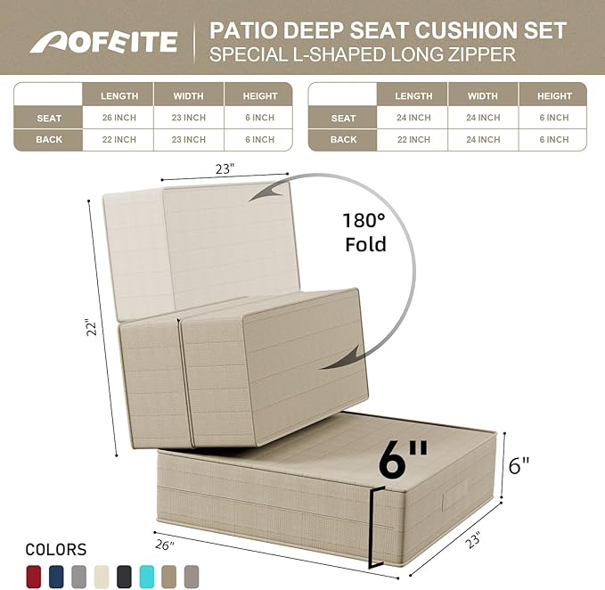 6 Inch Thick Foldable Deep Seat Cushion, 2 PCS 23 x 26 Inch Outdoor Water & Fade Resistant Olefin Patio Furniture Replacement Chair Cushion, with Removable Cover, Handle and Straps, Beige