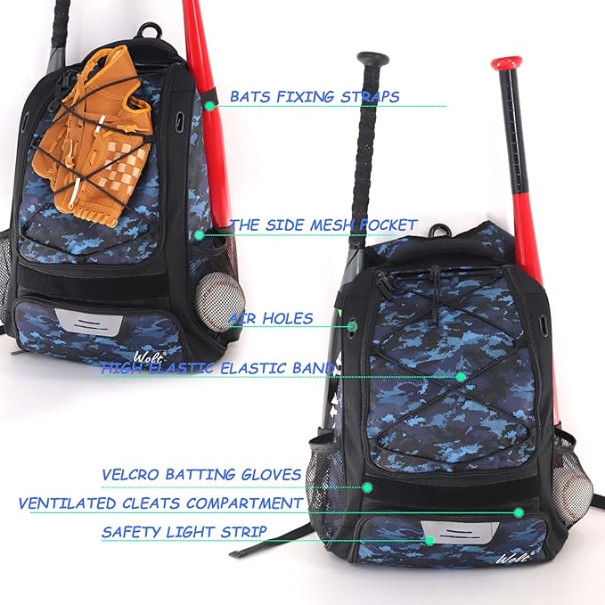 WOLT Youth Baseball Bag - Bat Backpack for Baseball, T-Ball & Softball Equipment & Gear, Bat & Glove Holder, Large Main Compartment for Helmet & accessories, Separate Shoes Compartment, Fence Hook
