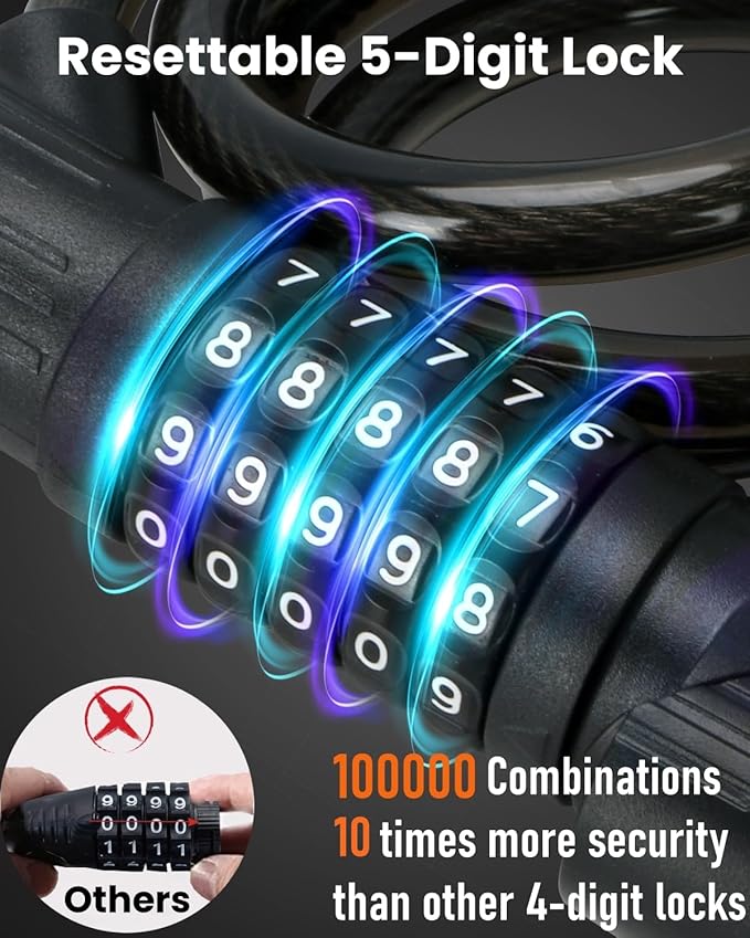 Combination Bike Lock Cable - with LED Bike Tail Light and Keypad Light, IPX6 Waterproof Heavy Duty Strong Anti-Theft 5 Digit Keyless Cable Lock, for Kids Adult Bike Accessories (4FT, Black-0.5 inch)