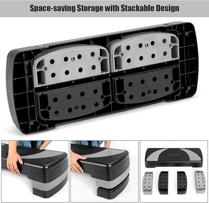 GYMAX Adjustable Aerobic Stepper, 3-Level Height Workout Platforms with Non-slip Pads, Shock-absorb & Anti-slip Surface, 31” Exercise Step Platform with Detachable Risers