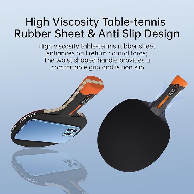 PONGBOT Five-Star Ping Pong Paddle, Professional Level Table Tennis Racket with Hard Case, Carbon Fiber, 7-Ply Blade, Premium Rubber, for Competitive Tournaments and Serious Players