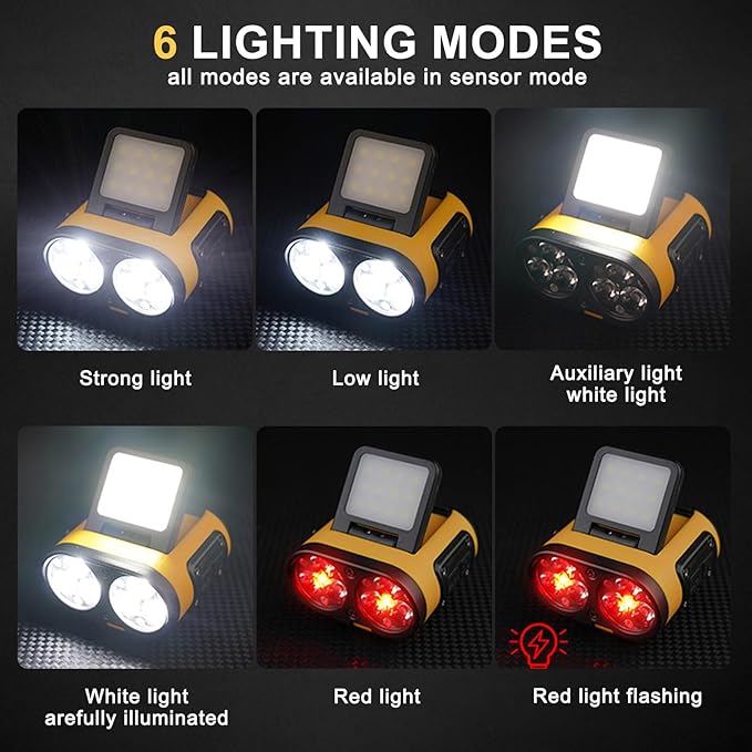 Rechargeable Headlamp, Motion Sensor 500 Lumen Head Lamps, 6 LED Rechargeable with Clip Hand Free, Adjustable Head Light for Camping, Night Walking, Running, Hiking and Outdoor