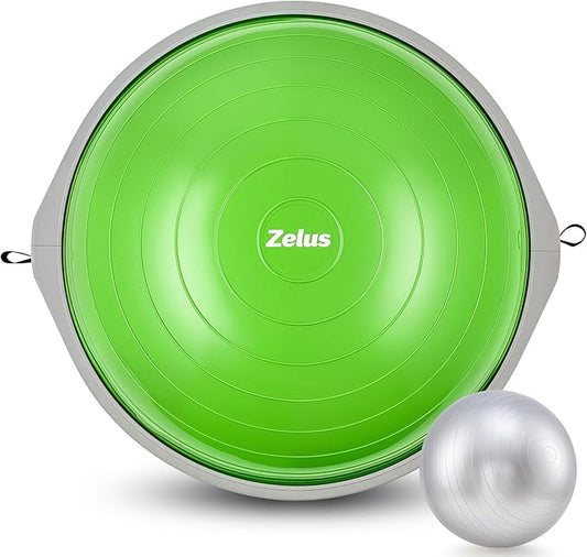 ZELUS 25in. Balance Ball | 660lb Inflatable Half Exercise Ball Wobble Board Balance Trainer w Nonslip Base | Half Yoga Ball Strength Training Equipment w 2 Bands, Pump, Extra Ball Included