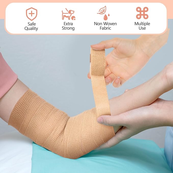 Treela 64 Pack 1" x 5 Yards Self Adhesive Cohesive Bandage Wraps, Elastic Breathable Athletic Tape, Flexible Self Adherent Bandage Rolls for Wrist, Ankle, Fingers, Sports & Pets (Beige)