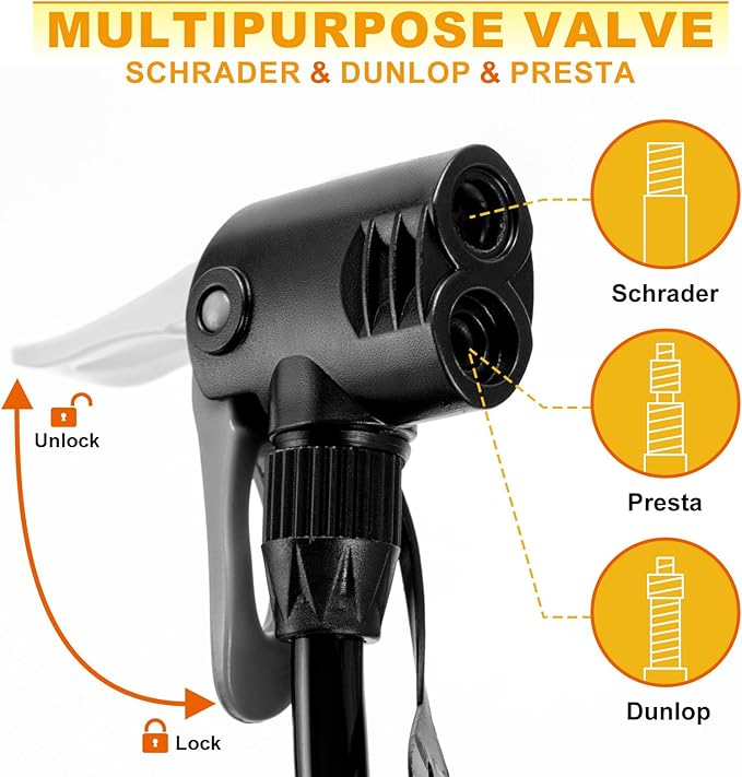 Hycline Bike Floor Pump with Gauge: 160 PSI High Pressure Bicycle Pumps - Durable Air Pump Fits Presta & Schrader Valve - Inflator for Road MTB Tire, Ball, Balloon, Inflatables