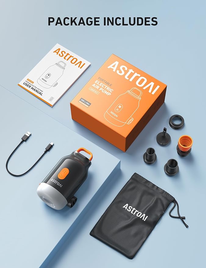 AstroAI Mini Air Pump for Inflatables with 3000mAh Battery Air Mattress Pump with Camping Lantern Electric Air Pump with 5 Nozzles Inflate & Deflate Air Mattress, Vacuum Storage Bags