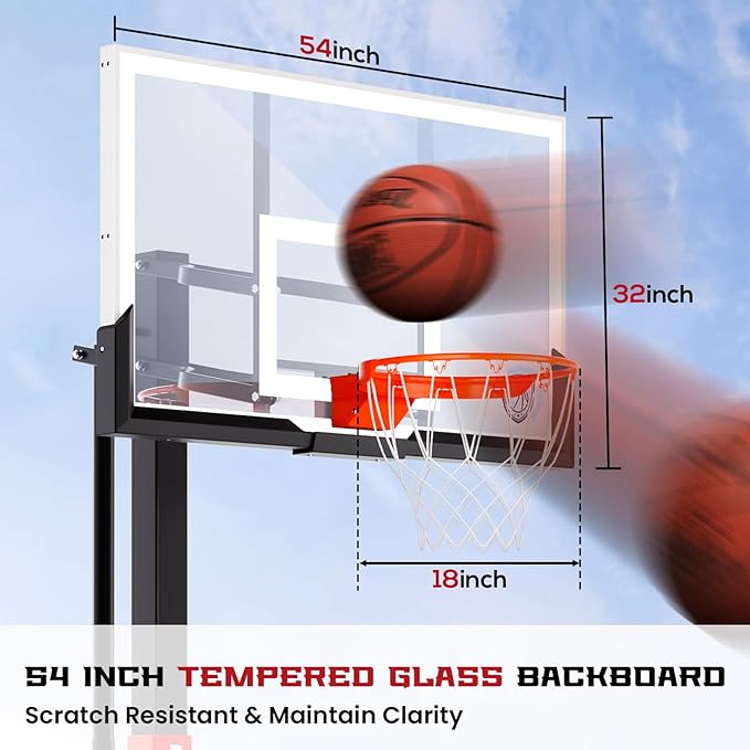 IGL In-Ground Basketball Hoops with 54-60 Inch Tempered Glass Backboard,7.5-10ft Height Adjustable Basketball Goal System, Reinforced and Thickened Square Tube Iron Steel