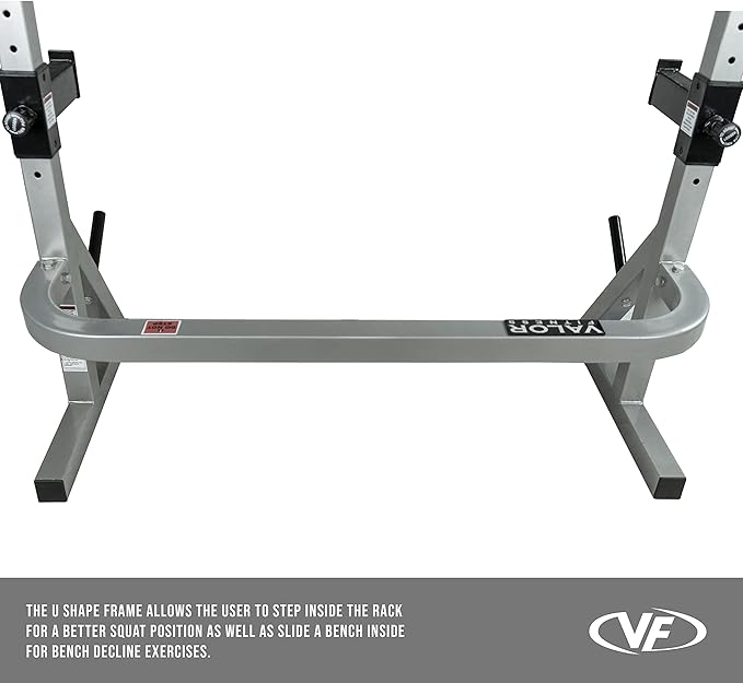Valor Fitness Adjustable Power Squat Rack with J-Hooks, Locking Safety Catches, and Plate Storage – Home Gym Bench Press Station – Max Weight 475 lbs
