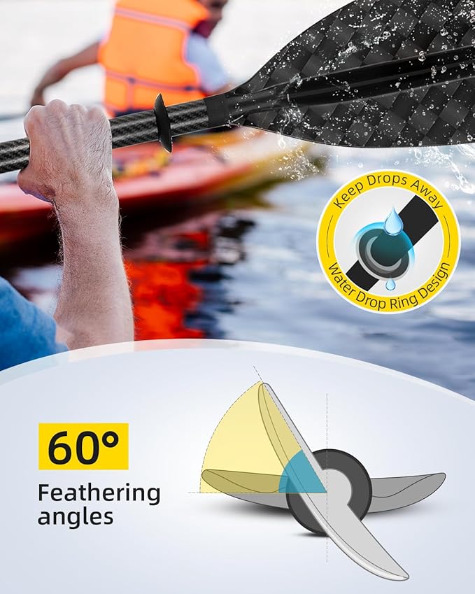 OCEANBROAD Adjustable Carbon Fiber Kayak Paddle 86in/220cm to 94in/240cm Kayaking Oar for Adults with Paddle Leash 1 Paddle