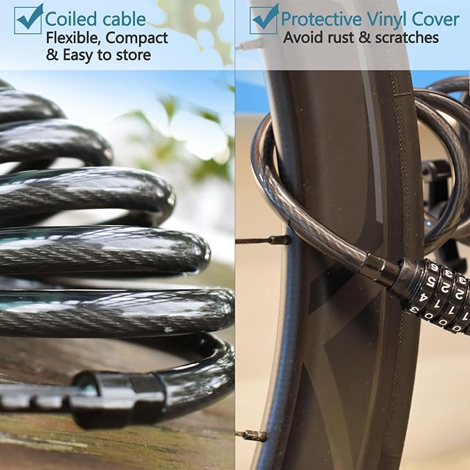 MARQUE Combination Bike Lock Cable- 3/8 inch (5FT, 10FT, 15FT, 25FT) Resettable Combination Lock, Anti-Theft Coiled Secutiry Cable for Bicycles, Kayaks, Paddle Boards, Gates and Outdoor Gear (10 FT)