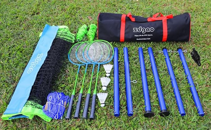 Zdgao Badminton Sets for Backyard, Portable Badminton Net with Tension Adjuster, Badminton Racket Set of 4, 3 Nylon Shuttlecocks, Boundary Line and Carry Bag for Backyard Beach Family Games