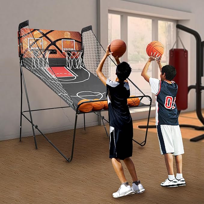 Dual Hoop Basketball Arcade Game, 8 Game Modes Foldable Shot 2Player w/ 5 Balls, Inflation Pump and LED Scoring System, Indoor Basketball for All Players, Home, Playground, Shopping Malls