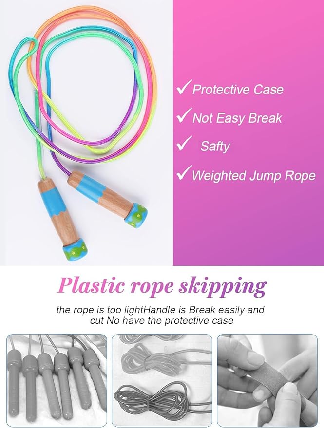 Jump Rope for Kids, Lorvain Adjustable Skipping Rope, Kids Jump Ropes with Wooden Handle for Girls Boys, Weighted Jumping Ropes for Fitness Workout Exercise Outdoor Fun Activity