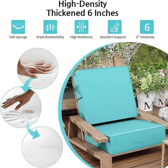 6 Inch Thick Foldable Deep Seat Cushion, 2 PCS 24 x 24 Inch Outdoor Water & Fade Resistant Olefin Patio Furniture Replacement Chair Cushion, with Removable Cover, Handle and Straps, Turquoise