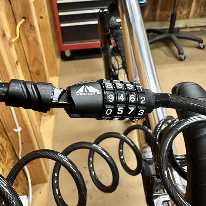 MARQUE Combination Bike Lock Cable- 3/8 inch (5FT, 10FT, 15FT, 25FT) Resettable Combination Lock, Anti-Theft Coiled Secutiry Cable for Bicycles, Kayaks, Paddle Boards, Gates and Outdoor Gear (15 FT)