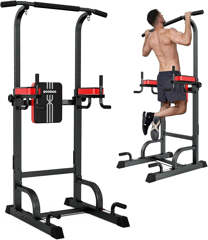 Pooboo Power Tower Dip Station Pull Up Bar for Fitness Home Gym Workout,Multi-Function Adjustable Height Fitness Strength Training Exercise Equipment,with Power Elastic Ropes