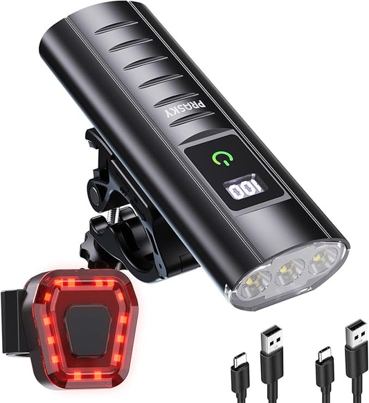 Super Bright Bike Lights for Night Riding, USB Rechargeable Mountain Bicycle Headlight, Waterproof, 6+4 Light Modes Bike Light Set for Cyclists and Commuters