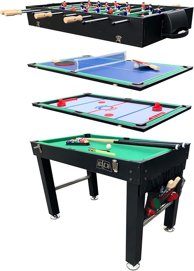 KICK Quad 48″ 4-in-1 Multi Game Table - Combo Game Table Set - Foosball, Billiards/Pool, Glide Hockey and Table Tennis for Home, Game Room, Friends and Family!
