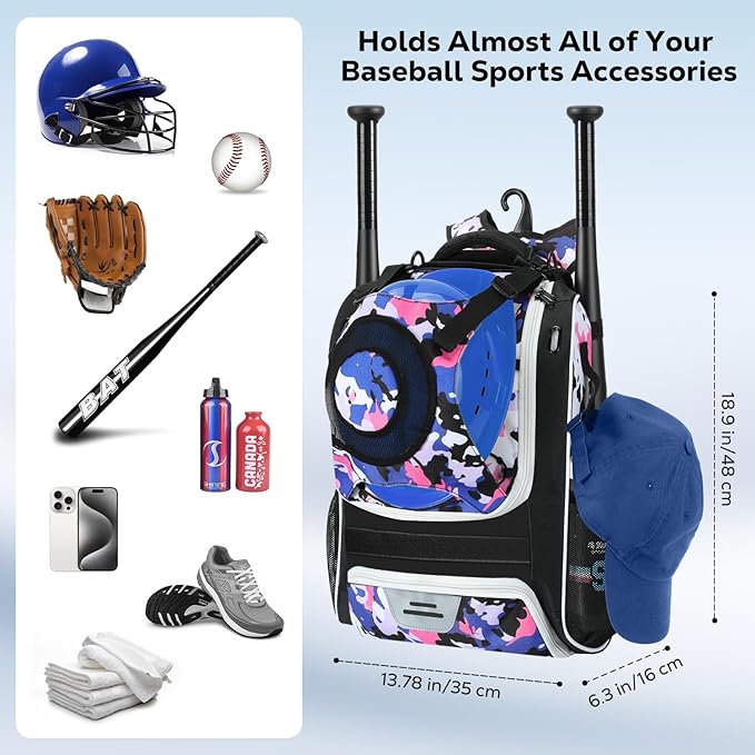 MoKo Baseball Bag, Softball Bag with External Helmet Holder & Fence Hook for T-Ball Bat Softball Equipment, Lightweight & Breathable Baseball Backpack with Shoe Compartment for Youth & Adult, Black