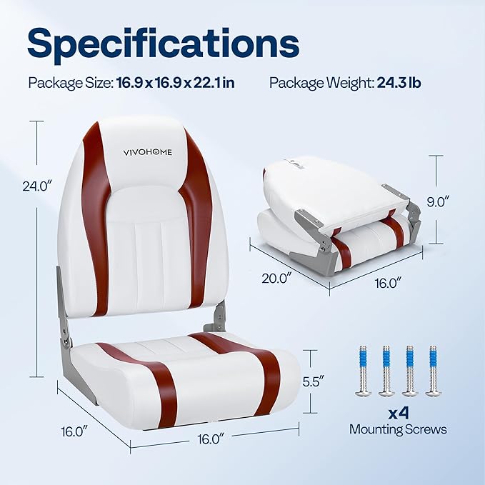 VIVOHOME Folding High Back Boat Seats 2 Pack, Waterproof Boat Captain Chairs, 4 Mounting Screws Included, White and Red