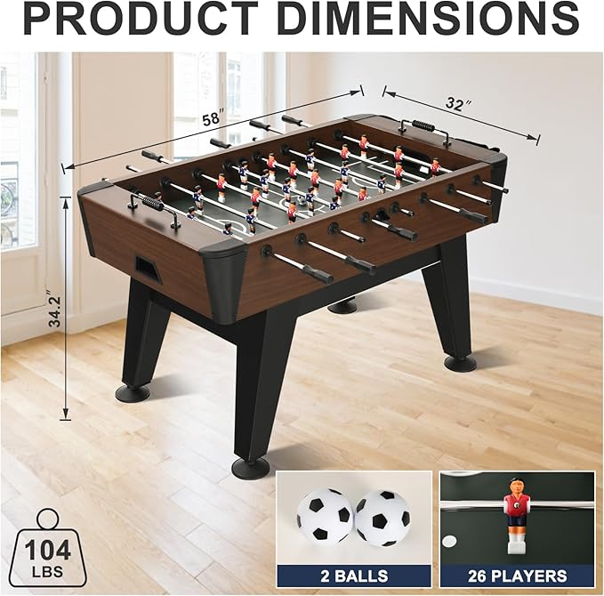 Foosball Table, 58inch Competition Soccer Table Game w/ 2 Balls for Adult Kids Youth, Heavy-Duty Arcade Table Soccer for Home, Game Room