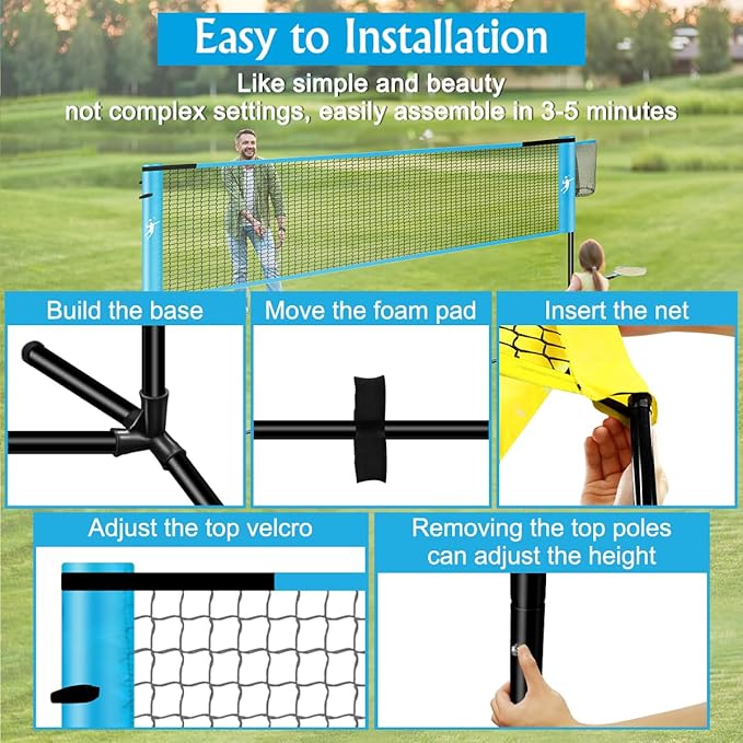 Pickleball Badminton Net Set for Backyards, All-in-One Portable Volleyball Combo Set with Adjustable Net, Volleyball Pickleball Paddles & Badminton Rackets for Indoor Outdoor