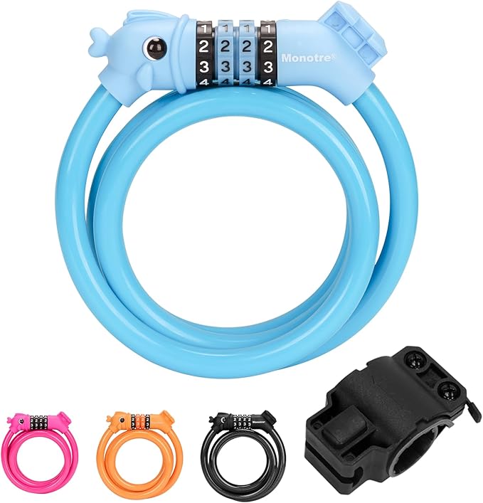 Bike Lock, 3.9 Feet 4-Digit Resettable Combination Password Anti-Theft Cable Lock, Cute Coiled Bike Lock with Mounting Bracket, Suitable for Bicycles, Electric Scooters, Ebikes (Blue-10mm)