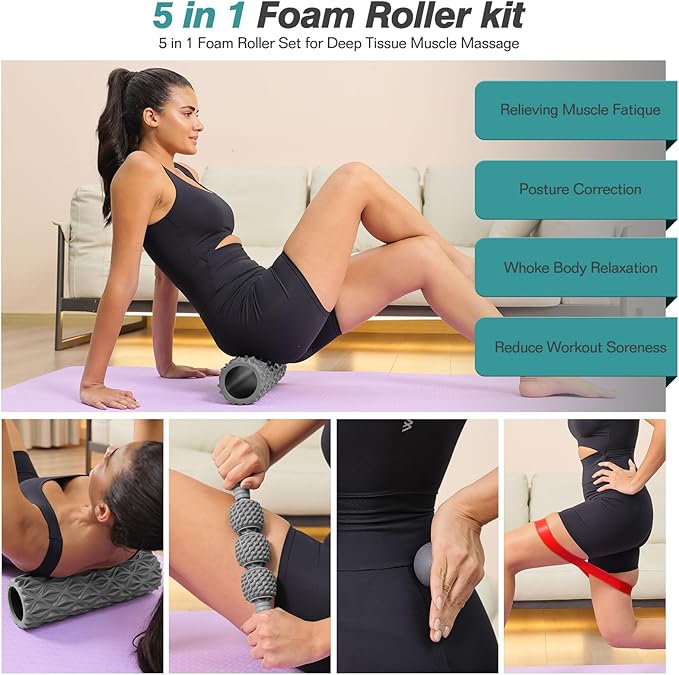 5 in 1 Foam Roller Set - Trigger Point Foam Back Roller, Muscle Roller Stick, Massage Ball, Stretching Band for Deep Muscle Massage Pilates Yoga,Fitness Exercise for Whole Body Release