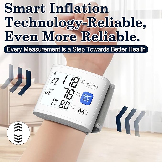 Wrist Blood Pressure Monitor LCD Display, Adjustable Wrist Blood Pressure Cuff 90x2 Reading Memory Wrist Bp Monitor with Storage Case(White)