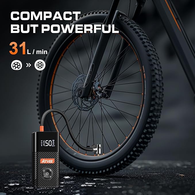 Bicycle Pump, 30s Fast Inflate Bike Pump with Gauge & Digital Display, 150PSI Portable Electric Bike Tire Pump with Presta & Schrader Valves for Road Bike, E-Bike