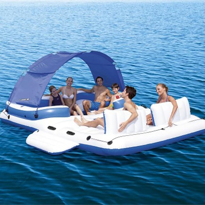 Bestway CoolerZ Tropical Breeze 6 Person Inflatable Party Island Large Relaxing Water Float with Detachable Sunshade and Cooler Bag