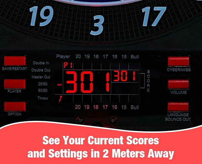 Electronic Dart Board Set, Illuminated Electronic Soft Tip Dartboard with LED Sidelamp, Laser Toe Line, 34 Games with 350 Variations Digital Dartboard Set, up to 8 Players, 5 Levels, Batteries/Adapter