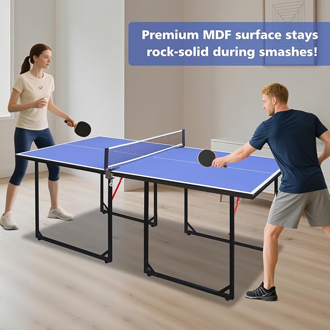 Ping Pong Table Foldable Table Tennis Table with Net, Table Tennis Paddles and Balls, 4.5FT/6FT/9FT MDF Multi-Use Family Game Table for Kid Teenager Adult, Compact & Portable