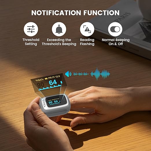 Vibeat Fingertip Pulse Oximeter with Bluetooth, Blood Oxygen Saturation Monitor with APP, Finger SPO2 Meter with Batteries and Lanyard, Gray