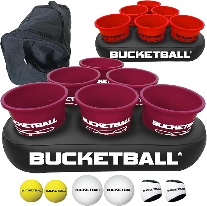 BucketBall | Team Color Edition | Party Pack (Maroon/Red): Original Yard Pong Game: Best Camping, Beach, Lawn, Outdoor, Family, Adult, Tailgate, Jumbo, Giant Game