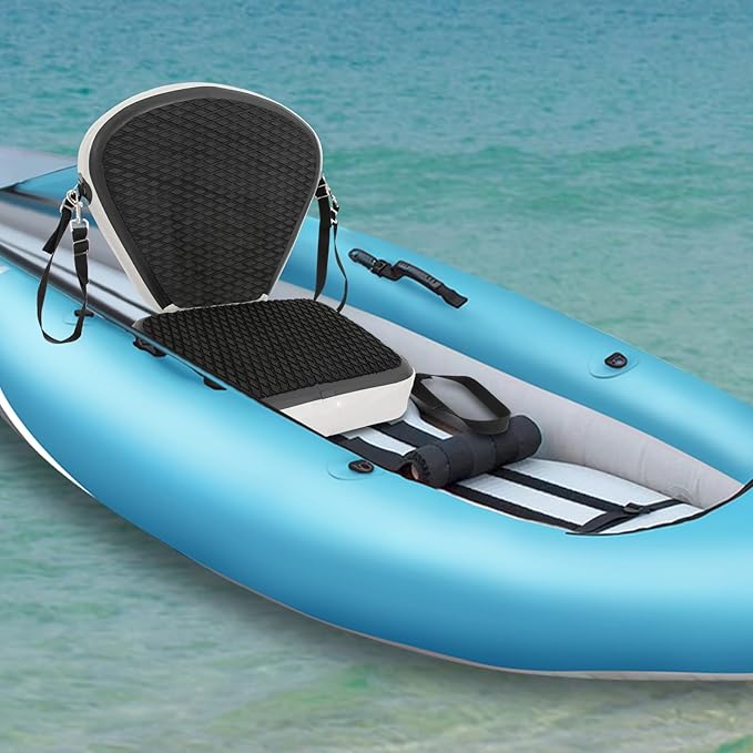 Inflatable Kayak Seat, Universal Paddle Board Seat, Thicken Seat Cushion for Kayak with Foldable Back Support Adjustable Back Strap for Sit On Top Kayaks Canoes Fishing Boats 17.7*18.8*17.7in (Black)