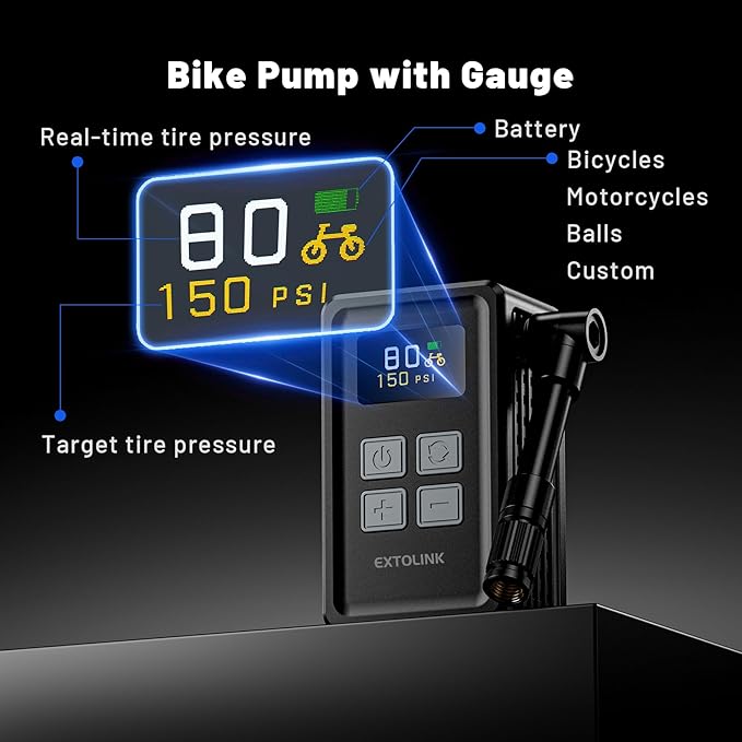 Mini Bike Tire Pump - 20s Fast Inflate Electric Bike Pump with Gauge, Max 150PSI Electric Air Pump with Presta & Schrader Valve for Road Bike, Mountain Bike, Electric Bike